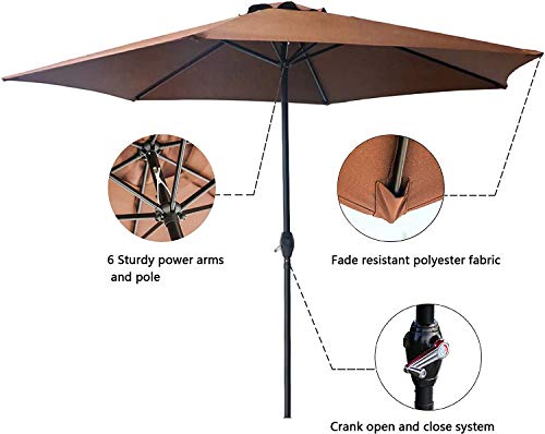LOKATSE HOME Table Outdoor Market Patio Umbrella with Crank 9 Feet 6Ribs, Brown-Small