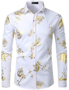 zeroyaa mens hipster 3d golden rose floral printed slim fit long sleeve button down dress shirts zzcl22 white medium