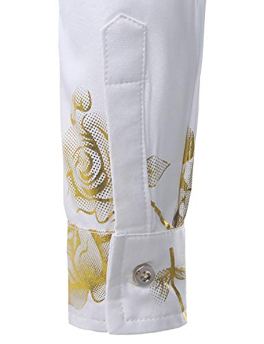 ZEROYAA Mens Hipster 3D Golden Rose Floral Printed Slim Fit Long Sleeve Button Down Dress Shirts ZZCL22 White Medium