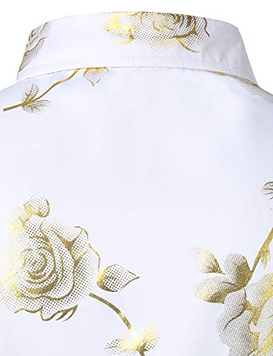 ZEROYAA Mens Hipster 3D Golden Rose Floral Printed Slim Fit Long Sleeve Button Down Dress Shirts ZZCL22 White Medium