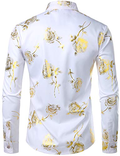 ZEROYAA Mens Hipster 3D Golden Rose Floral Printed Slim Fit Long Sleeve Button Down Dress Shirts ZZCL22 White Medium