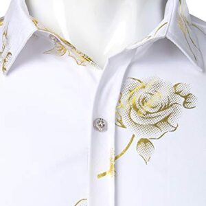 ZEROYAA Mens Hipster 3D Golden Rose Floral Printed Slim Fit Long Sleeve Button Down Dress Shirts ZZCL22 White Medium