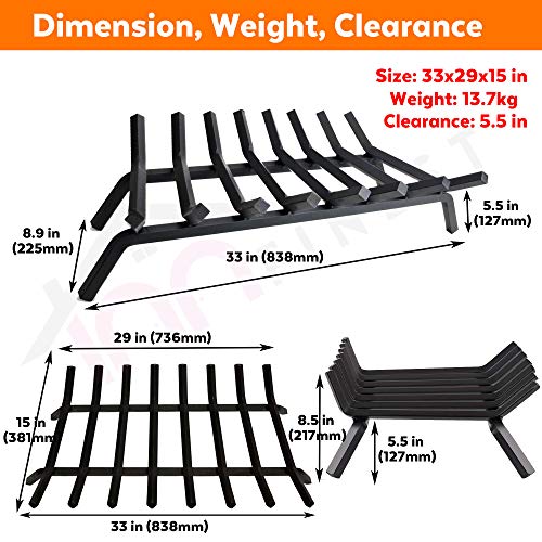 INNFINEST Fireplace Log Grate 33 inch 8 Bar Fire Grates Heavy Duty 3/4” Wide Solid Steel Indoor Chimney Hearth Outdoor Fire Place Kindling Tool Pit Wrought Iron Wood Stove Firewood Burning Rack Holder