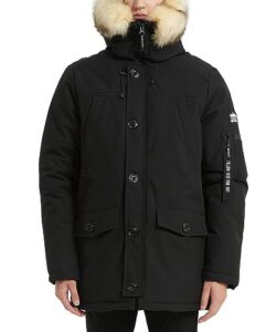 puremsx men's padded jacket insulated, expedition mountain heavy weight thicken lined skiing fur hooded long anorak parka,black,small