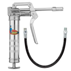 slippery pete mini pistol grip grease gun. heavy duty design for 3oz cartridges. 12 inch flexible hose and 5 inch rigid extension pipe