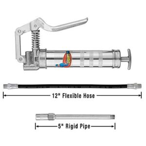 Slippery Pete Mini Pistol Grip Grease Gun. Heavy Duty Design for 3oz Cartridges. 12 inch Flexible Hose and 5 inch Rigid Extension Pipe