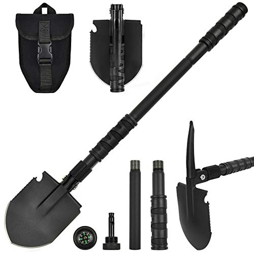 Yeacool Folding Shovel, (24.21'') Camping Shovel, Survival Off Road E Tool Shovel, with Pickaxe, Portable Bag, High Carbon Steel, for Digging, Backpacking, Hiking, Gardening, Emergency, Outdoor