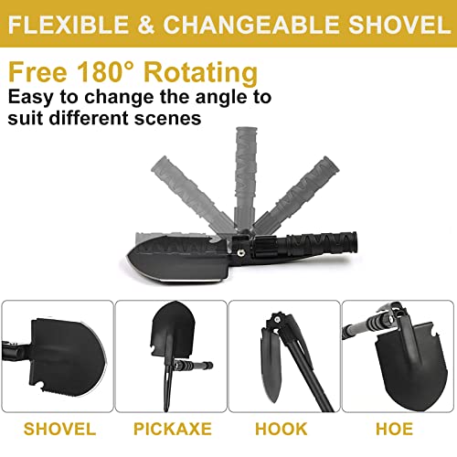 Yeacool Folding Shovel, (24.21'') Camping Shovel, Survival Off Road E Tool Shovel, with Pickaxe, Portable Bag, High Carbon Steel, for Digging, Backpacking, Hiking, Gardening, Emergency, Outdoor