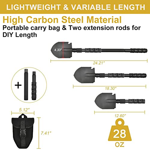 Yeacool Folding Shovel, (24.21'') Camping Shovel, Survival Off Road E Tool Shovel, with Pickaxe, Portable Bag, High Carbon Steel, for Digging, Backpacking, Hiking, Gardening, Emergency, Outdoor