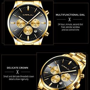 CRRJU Men's Fashin Luxury Golden Chronograph Quartz Wristwatches,Stainsteel Steel Band Multifunctional Waterproof Watch (Golden Black)