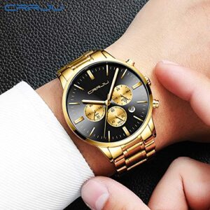 CRRJU Men's Fashin Luxury Golden Chronograph Quartz Wristwatches,Stainsteel Steel Band Multifunctional Waterproof Watch (Golden Black)