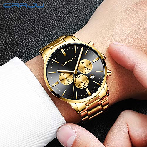 CRRJU Men's Fashin Luxury Golden Chronograph Quartz Wristwatches,Stainsteel Steel Band Multifunctional Waterproof Watch (Golden Black)