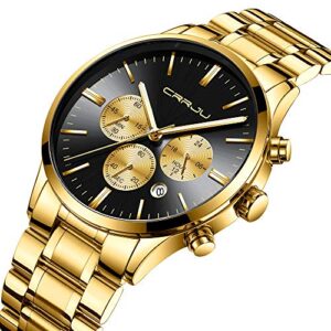 CRRJU Men's Fashin Luxury Golden Chronograph Quartz Wristwatches,Stainsteel Steel Band Multifunctional Waterproof Watch (Golden Black)