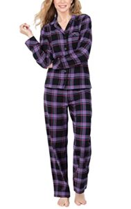 pajamagram flannel pajamas women - pajama set for women, black plaid, lg