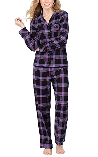 PajamaGram Flannel Pajamas Women - Pajama Set For Women, Black Plaid, LG