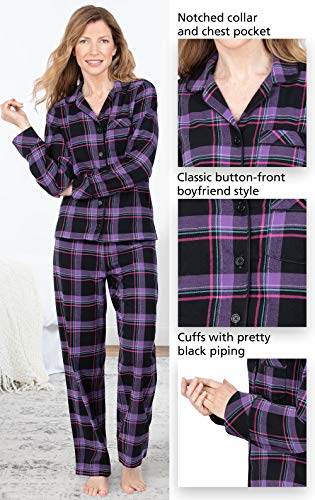 PajamaGram Flannel Pajamas Women - Pajama Set For Women, Black Plaid, LG