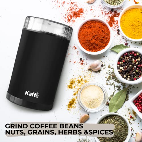 Kaffe Coffee Grinder Electric - Spice Grinder w/Cleaning Brush, Easy On/Off - Perfect for Espresso, Herbs, Spices, Nuts, Grain - 3.5oz / 14 Cup (Black)