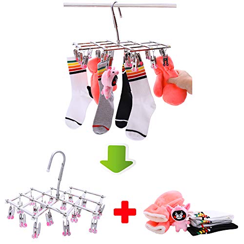 Qinglele Drying Hanger, Hanging Drying Rack, Drip Hanger Stainless Steel with 18 Pegs for Laundry Underwear Socks, Quickly Remove Clothes from Hanger, Windproof, Folding Portable, (Red)