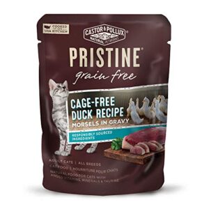 castor & pollux pristine grain free cage-free duck recipe morsels in gravy cat food pouches, 3 oz (pack of 24)