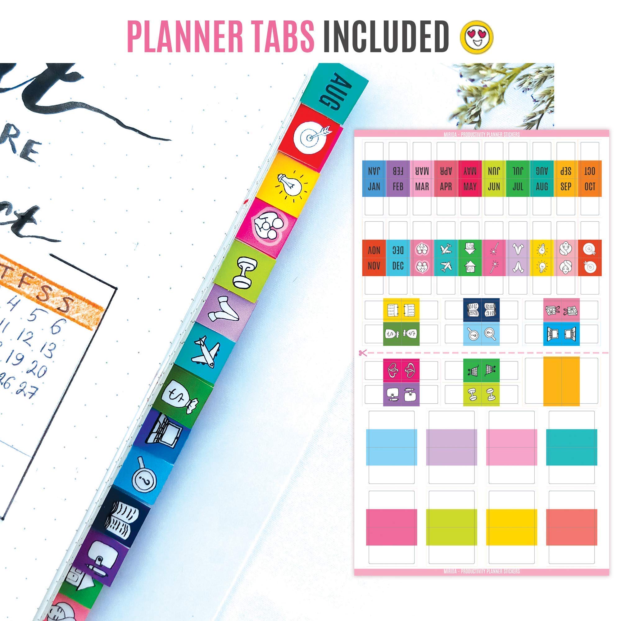 Mirida Planner Stickers – 1700 Productivity Mini Icons for Adults Calendar – Work, Daily To Do, Budget, Family, Holidays, Journaling – Variety Pack with Monthly Tabs