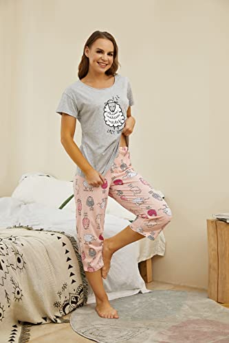 PNAEONG Women’s Pajama Set - Cotton-Blend Short-Sleeve Loose Top with Matching Capri Bottoms SY296-Lazy Sheep-M