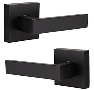 home improvement direct no lock dummy door lever, single sided door handle without lock for interior use, non-turning matte black suqare heavy duty lever set 2 pack