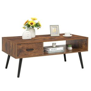 iwell mid century coffee table with drawer and storage shelf for living room, wood cocktail table, accent tv table for reception room/office, easy to assemble, rustic brown
