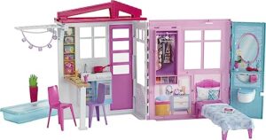 barbie doll house, portable playset with carrying handle and accessories, kitchen, bedroom, bathroom and patio pool (amazon exclusive)