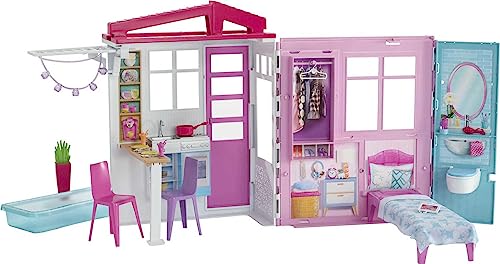 Barbie Doll House, Portable Playset with Carrying Handle and Accessories, Kitchen, Bedroom, Bathroom and Patio Pool (Amazon Exclusive)