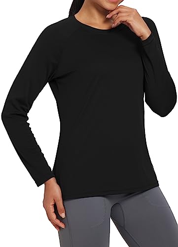 BALEAF Women's Workout Tops Long Sleeve Running Shirts Quick Dry Moisture Wicking Athletic T-Shirts for Exercise Gym Sports Yoga Black Size L