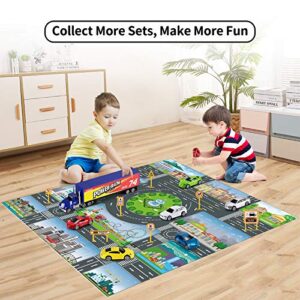 TEMI Diecast Racing Cars Toy Set w/Activity Play Mat, Truck Carrier, Alloy Metal Race Model Car & Assorted Vehicle Play Set for Kids, Boys & Girls