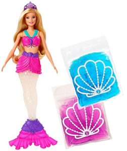 barbie dreamtopia slime mermaid doll with 2 slime packets, removable tail and tiara, makes a great gift for 3 to 7 year olds, multi color (gkt75)