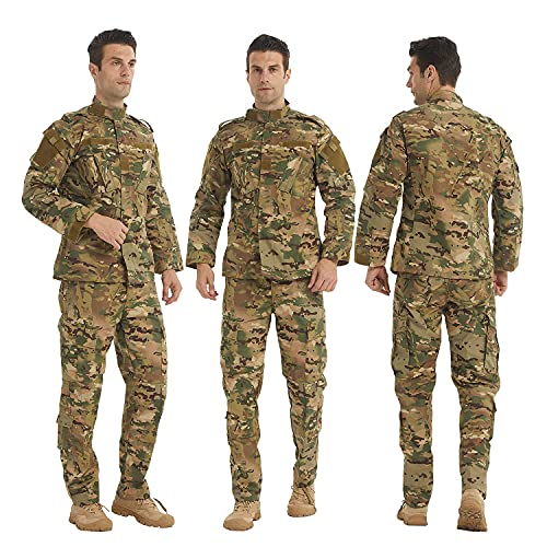 LANBAOSI Men's Tactical Jacket and Pants Military Camo Hunting ACU Uniform 2PC Set Army Multicam Apparel Suit