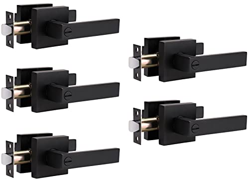 home improvement direct Privacy Door Lever with Lock, Keyless Reversible Interior Door Handle for Right/Left Handed Doors, Matte Black Heavy Duty Square Lock Set for Bedroom, Bathroom 5 Pack