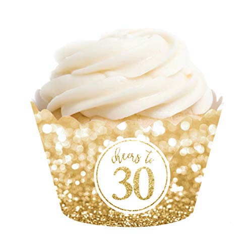 Andaz Press Glitzy Faux Gold Glitter Cupcake Wrapper Decorations, Cheers to 30 Years, 30th Birthday or Anniversary, 24-Pack, Not Real Glitter