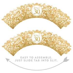 Andaz Press Glitzy Faux Gold Glitter Cupcake Wrapper Decorations, Cheers to 30 Years, 30th Birthday or Anniversary, 24-Pack, Not Real Glitter