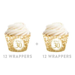 Andaz Press Glitzy Faux Gold Glitter Cupcake Wrapper Decorations, Cheers to 30 Years, 30th Birthday or Anniversary, 24-Pack, Not Real Glitter