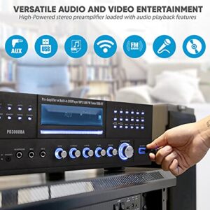 Pyle 4 Channel Wireless Bluetooth Amplifier - 3000 Watt Stereo Speaker Home Audio Receiver w/ FM Radio, USB, 2 Microphone w/ Echo for Karaoke, Front Loading CD DVD Player, LED, Rack Mount - PD3000BA