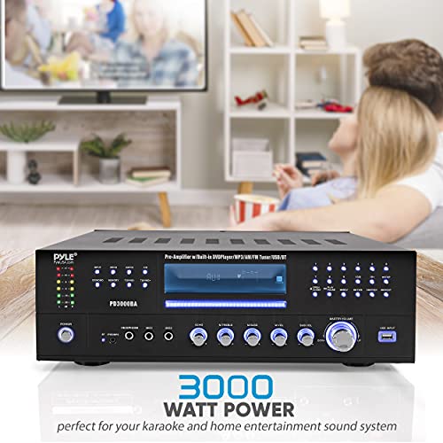 Pyle 4 Channel Wireless Bluetooth Amplifier - 3000 Watt Stereo Speaker Home Audio Receiver w/ FM Radio, USB, 2 Microphone w/ Echo for Karaoke, Front Loading CD DVD Player, LED, Rack Mount - PD3000BA