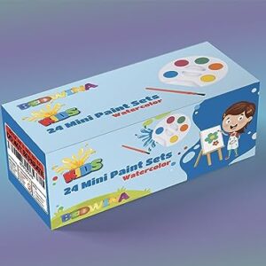 Mini Watercolor Kids Paint Set - (Bulk Pack of 24) - 5 Watercolor Paints, Palette Tray and Painting Brush, for Art Party Favors, Kids Prizes, Stocking Stuffers and Paint Party Supplies