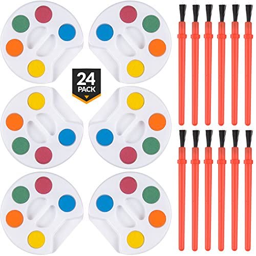 Mini Watercolor Kids Paint Set - (Bulk Pack of 24) - 5 Watercolor Paints, Palette Tray and Painting Brush, for Art Party Favors, Kids Prizes, Stocking Stuffers and Paint Party Supplies