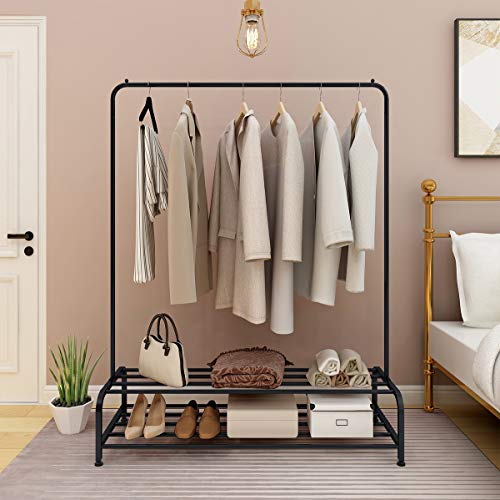 JURMERRY Clothes Rack Metal Garment Racks Pipe Hanging Heavy Duty with Top Rod and Lower Storage Shelf 2-Tier Shelves,(Black)