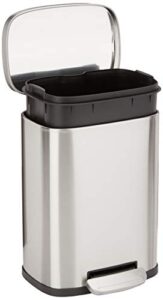 amazon basics smudge resistant small rectangular trash can with soft-close foot pedal, brushed stainless steel, 5 liter/1.3 gallon, satin nickel finish