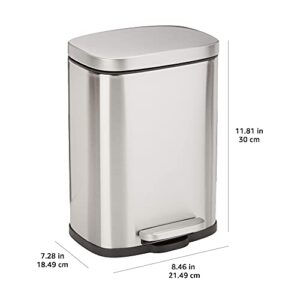 Amazon Basics Smudge Resistant Small Rectangular Trash Can With Soft-Close Foot Pedal, Brushed Stainless Steel, 5 Liter/1.3 Gallon, Satin Nickel Finish
