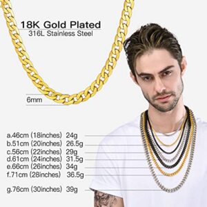 Men's Gold Curb Chain Stainless Steel 18" Inches Solid 6mm Miami Cuban Link Chain Choker Necklace