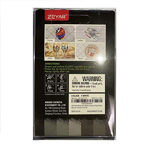 ZEYAR White and Black Acrylic Paint pen, Water Based, Set of 7, Extra Fine Point, Great for Rock Painting, Ceramic, Glass, Wood and smooth surfaces, Opaque ink (White and Black)