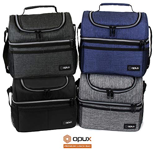 OPUX Lunch Box For Men Women, Insulated Large Lunch Bag Adult Work, Double Decker Lunchbox Meal Prep, Dual Compartment Leakproof Lunch Cooler, Soft Lunch Pail Tote Boys Girls Kids School, Black 16 Can