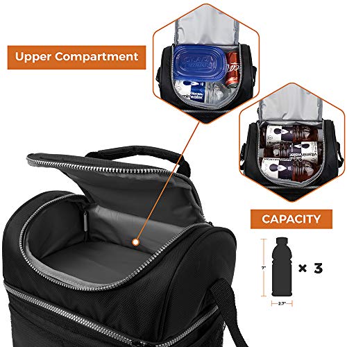 OPUX Lunch Box For Men Women, Insulated Large Lunch Bag Adult Work, Double Decker Lunchbox Meal Prep, Dual Compartment Leakproof Lunch Cooler, Soft Lunch Pail Tote Boys Girls Kids School, Black 16 Can