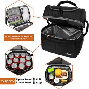 OPUX Lunch Box For Men Women, Insulated Large Lunch Bag Adult Work, Double Decker Lunchbox Meal Prep, Dual Compartment Leakproof Lunch Cooler, Soft Lunch Pail Tote Boys Girls Kids School, Black 16 Can