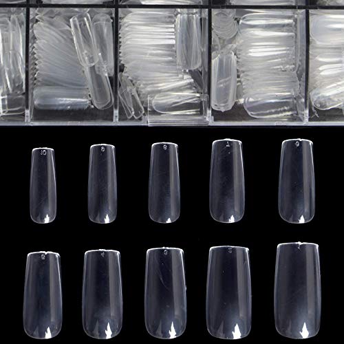 Clear Fake Full Cover Nails - Square Shaped Acrylic Nails BTArtbox 500pcs False Nail Tips with Case for Nail Salons and DIY Nail Art, 10 Sizes